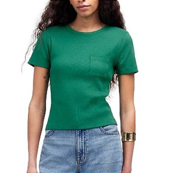 Madewell Garment Dyed Ribbed Crewneck Pocket Tee Green Size XS NWT (NU846) - Picture 1 of 6